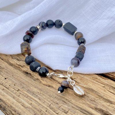 bransoletka KAWA z czarnym turmalinem i bursztynem